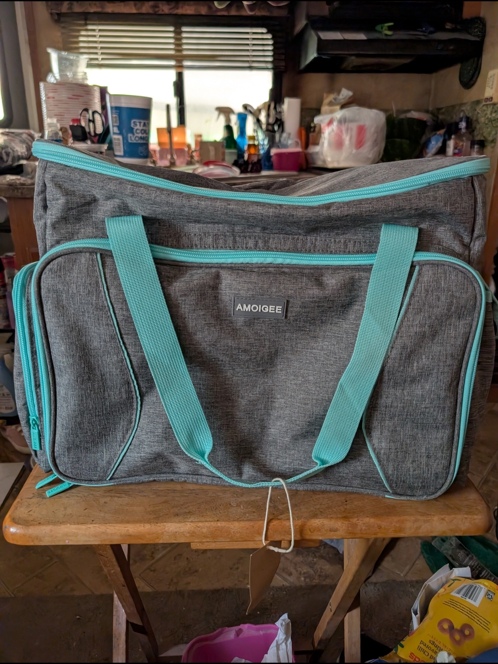 AMOIGEE Gray Duffel with Teal Trim